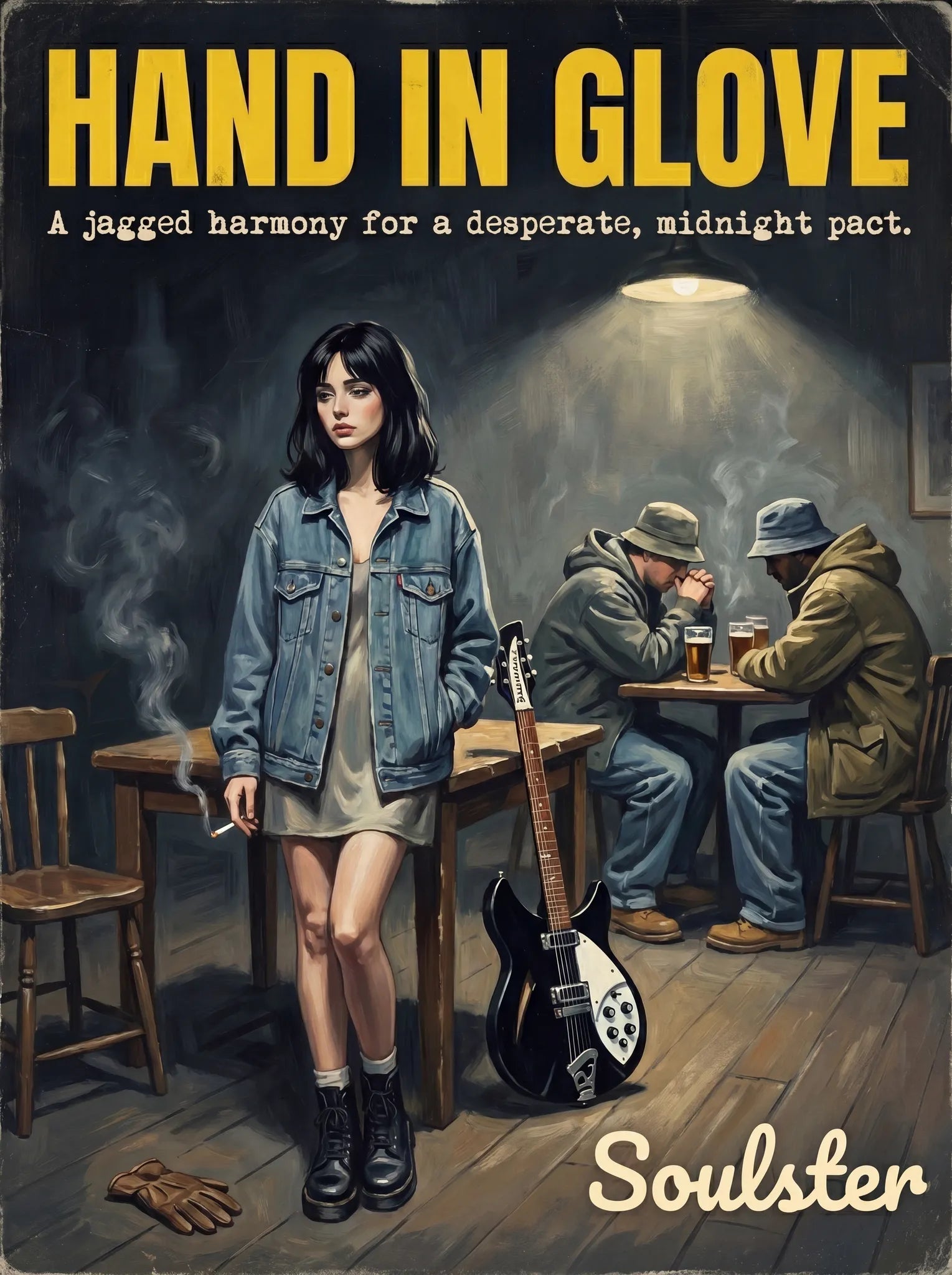 Soulster cinematic vintage pulp book cover art print illustration styled in a classic 1990s design layout inspired by Hand In Glove.