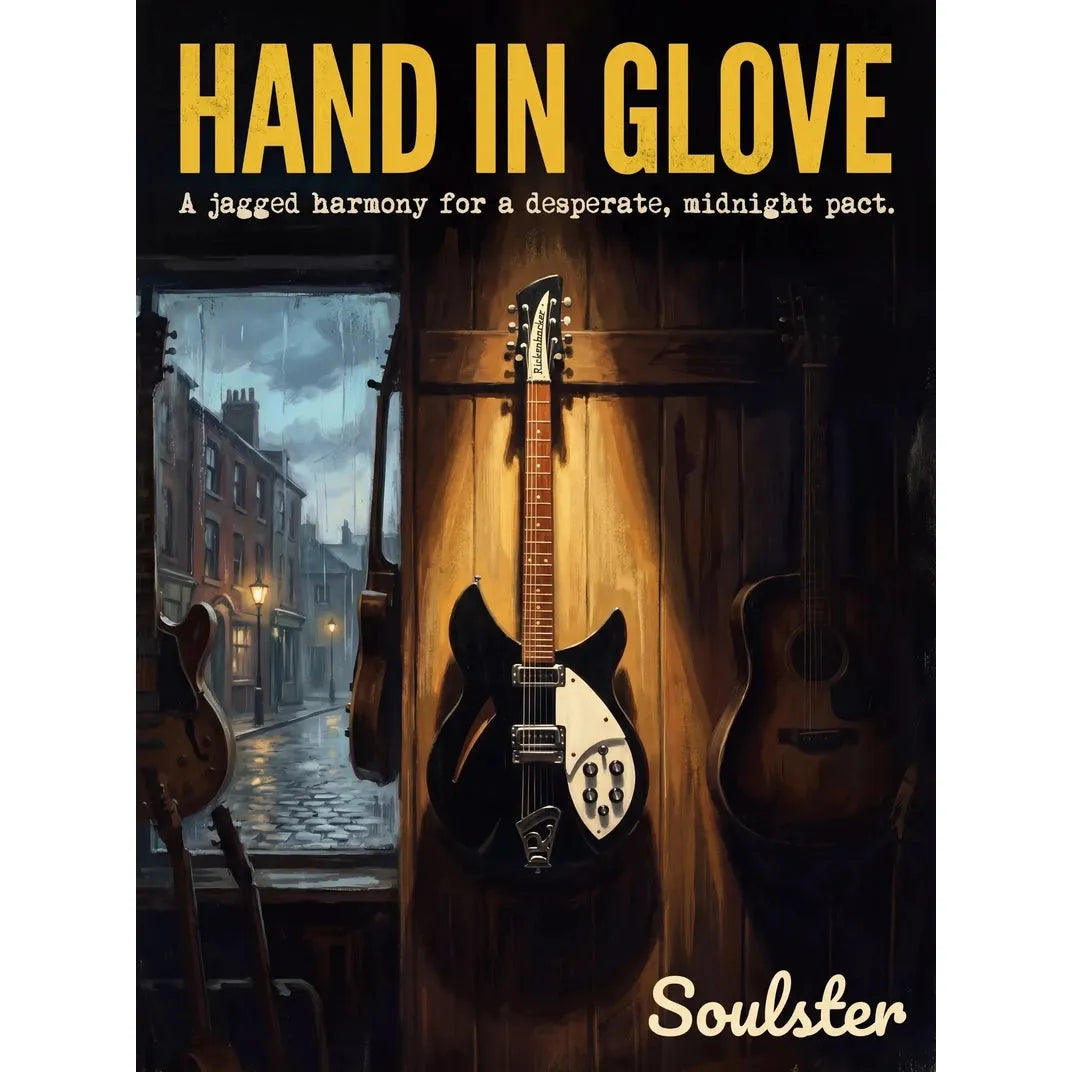 Soulster Manchester Edition wall art print showing a cinematic pulp style design of a Rickenbacker 330 inspired by Hand In Glove.