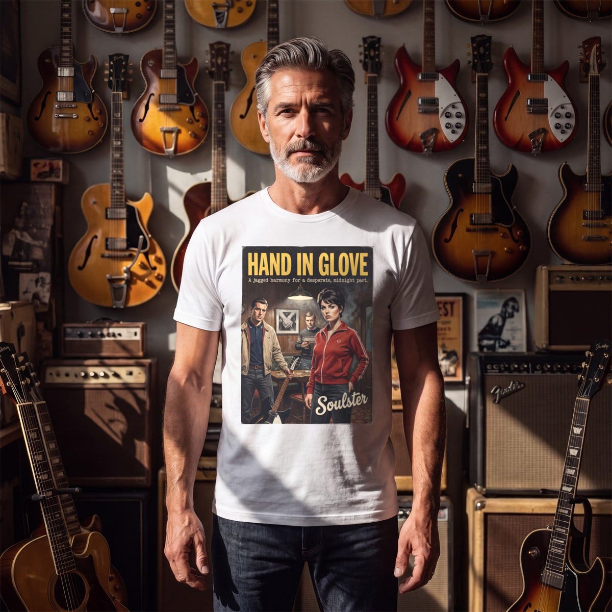 Man wearing the Hand In Glove T-Shirt - Kitchen Sink Edition in a guitar shop in natural daylight.