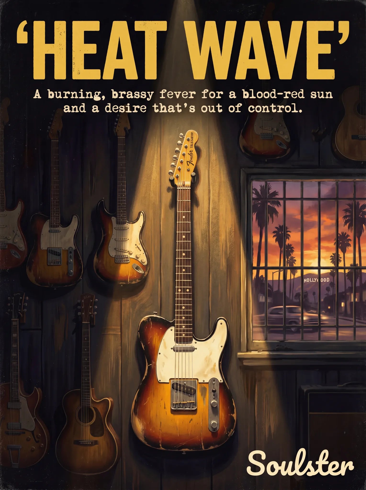 Soulster Manchester Edition wall art print showing a cinematic pulp style design of a Vintage Guitar inspired by Heat Wave - Los Angeles.