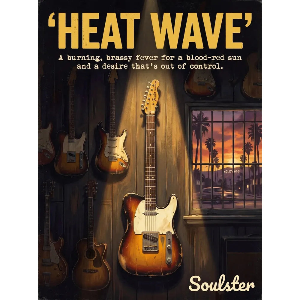 Soulster Manchester Edition wall art print showing a cinematic pulp style design of a Vintage Guitar inspired by Heat Wave - Los Angeles.