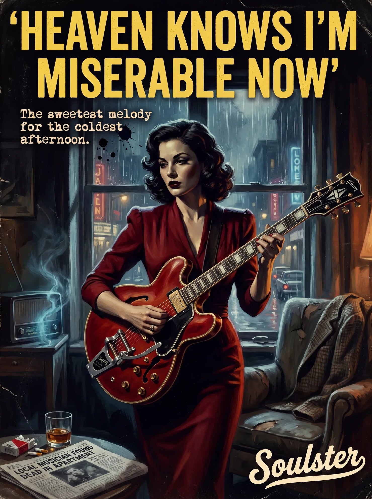 Soulster cinematic vintage pulp book cover art print illustration styled in a classic 1950s design layout inspired by Heaven Knows I'm Miserable Now.