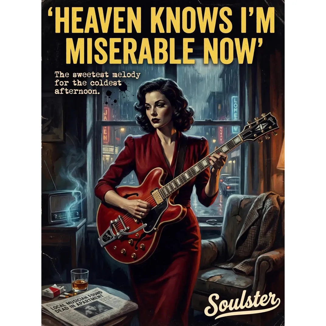 Soulster cinematic vintage pulp book cover art print illustration styled in a classic 1950s design layout inspired by Heaven Knows I'm Miserable Now.
