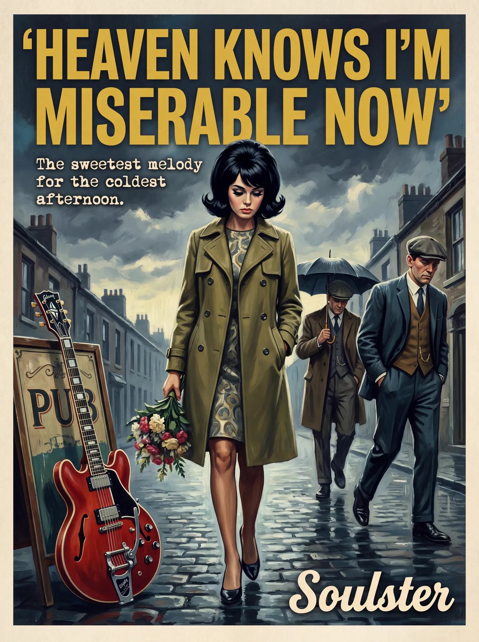 Soulster cinematic vintage pulp book cover art print illustration styled in a classic 1960s design layout inspired by Heaven Knows I'm Miserable Now.