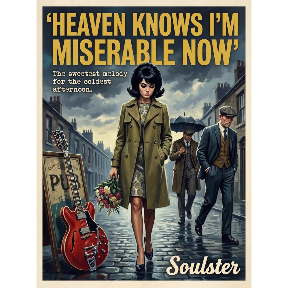 Soulster cinematic vintage pulp book cover art print illustration styled in a classic 1960s design layout inspired by Heaven Knows I'm Miserable Now.