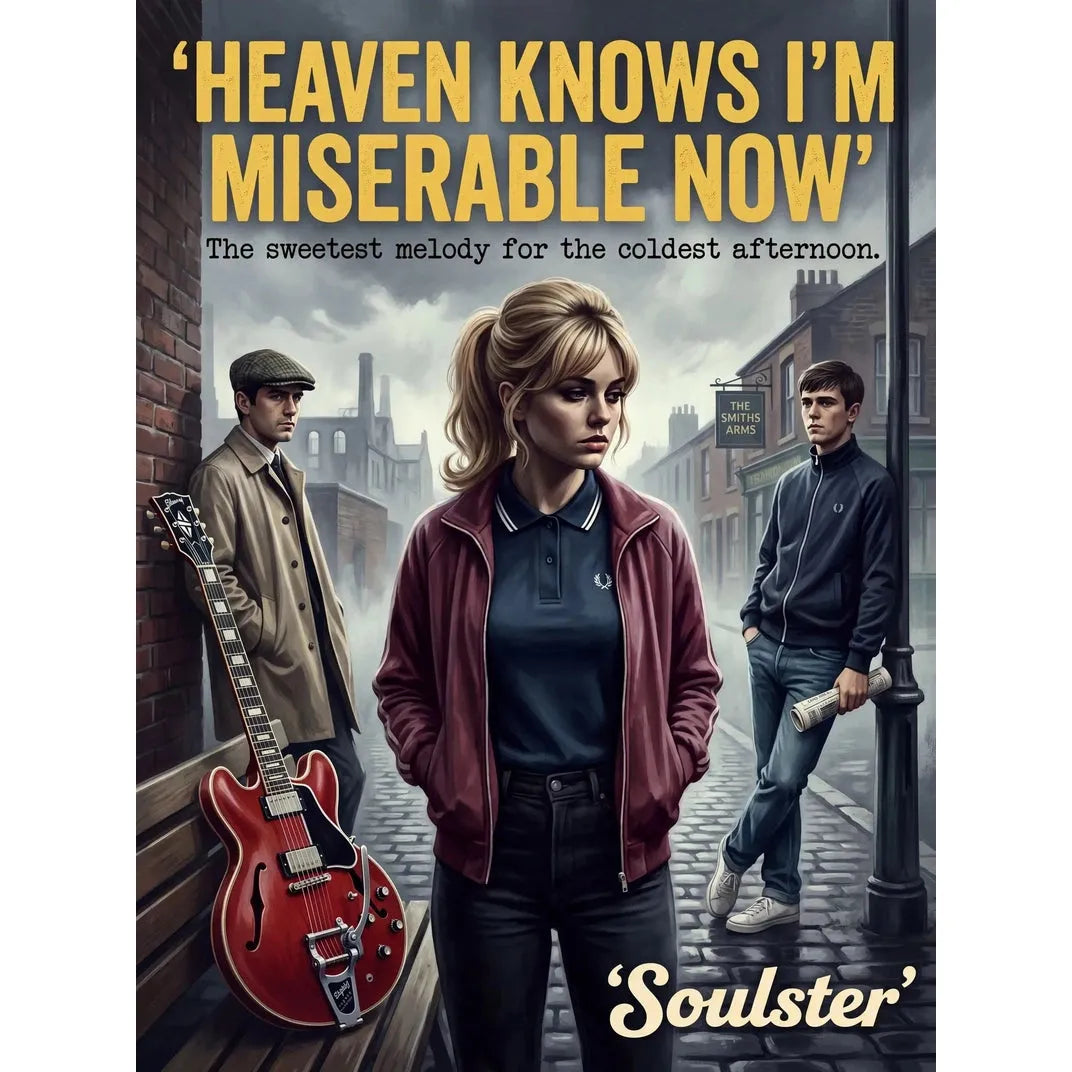 Soulster retro pulp thriller book cover style art print illustration inspired by The Smiths - Heaven Knows I'm Miserable Now.