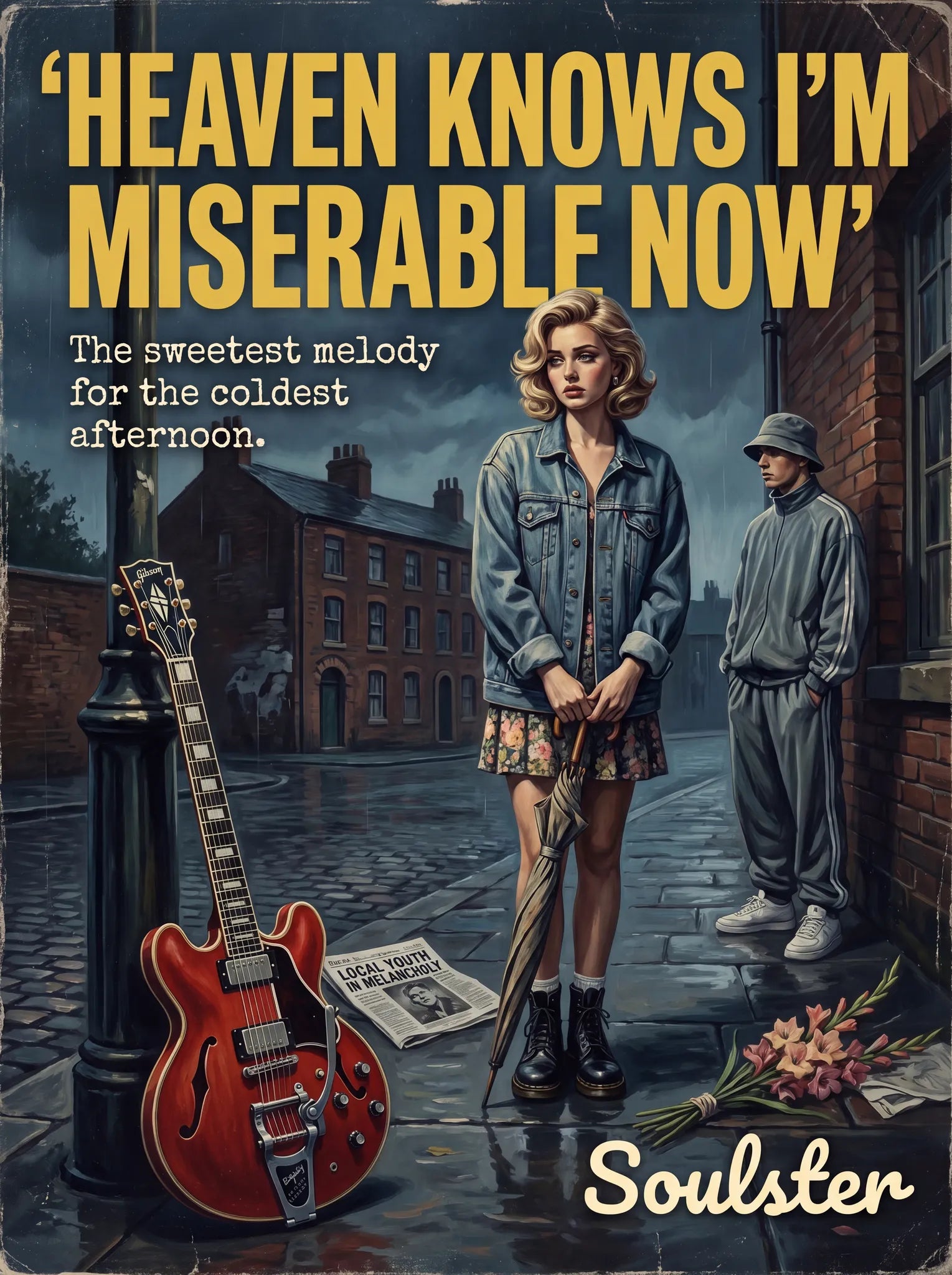 Soulster cinematic vintage pulp book cover art print illustration styled in a classic 1990s design layout inspired by Heaven Knows I'm Miserable Now.