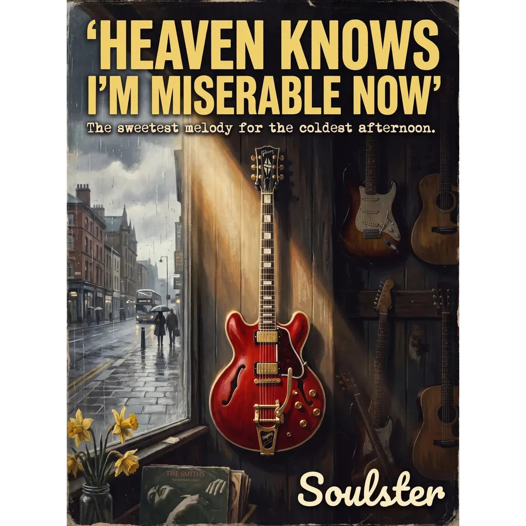 Soulster Manchester Edition wall art print showing a cinematic pulp style design of a Gibson ES-355 Custom inspired by Heaven Knows I'm Miserable Now.