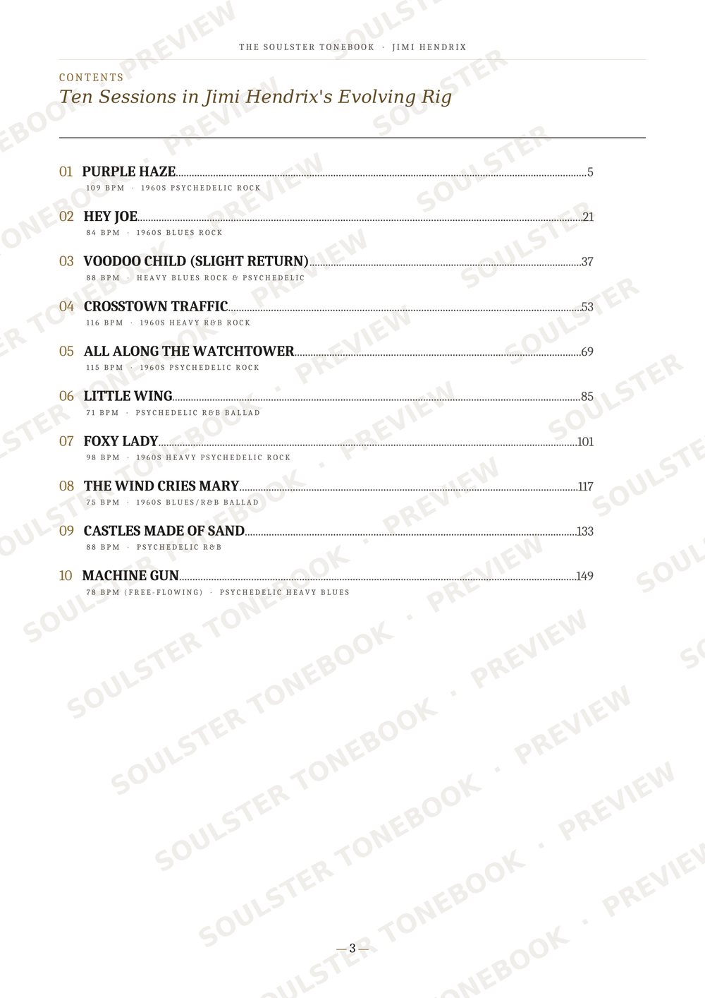 A printed table of contents page from 'The Soulster Tonebook' by Jimi Hendrix, listing ten song titles with page numbers under the heading 'Ten Sessions in Jimi Hendrix's Evolving Rig'.