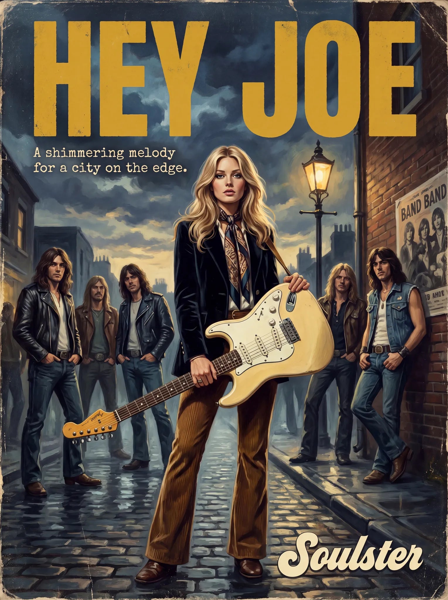 Soulster cinematic vintage pulp book cover art print illustration styled in a classic 1970s design layout inspired by Hey Joe.