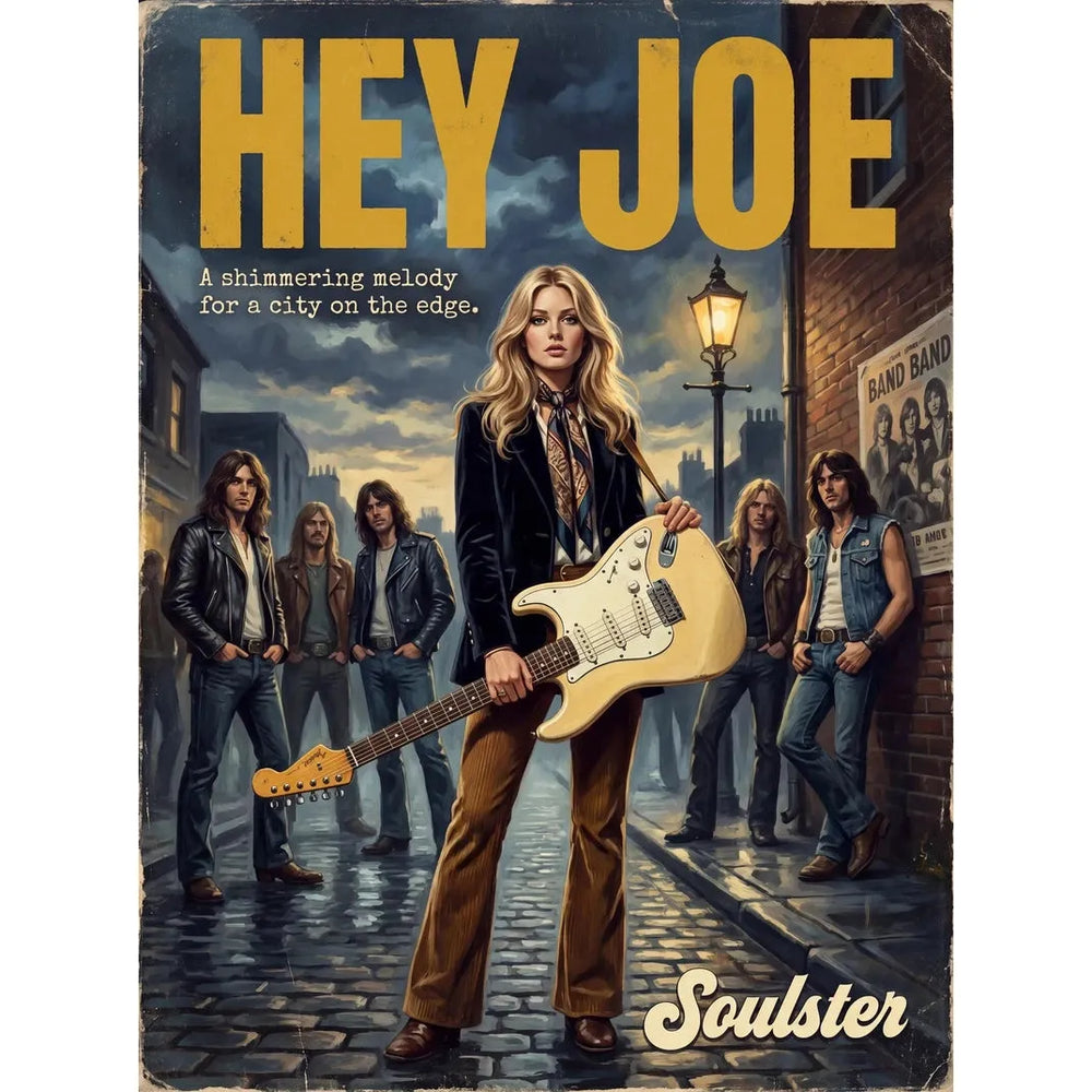 Soulster cinematic vintage pulp book cover art print illustration styled in a classic 1970s design layout inspired by Hey Joe.