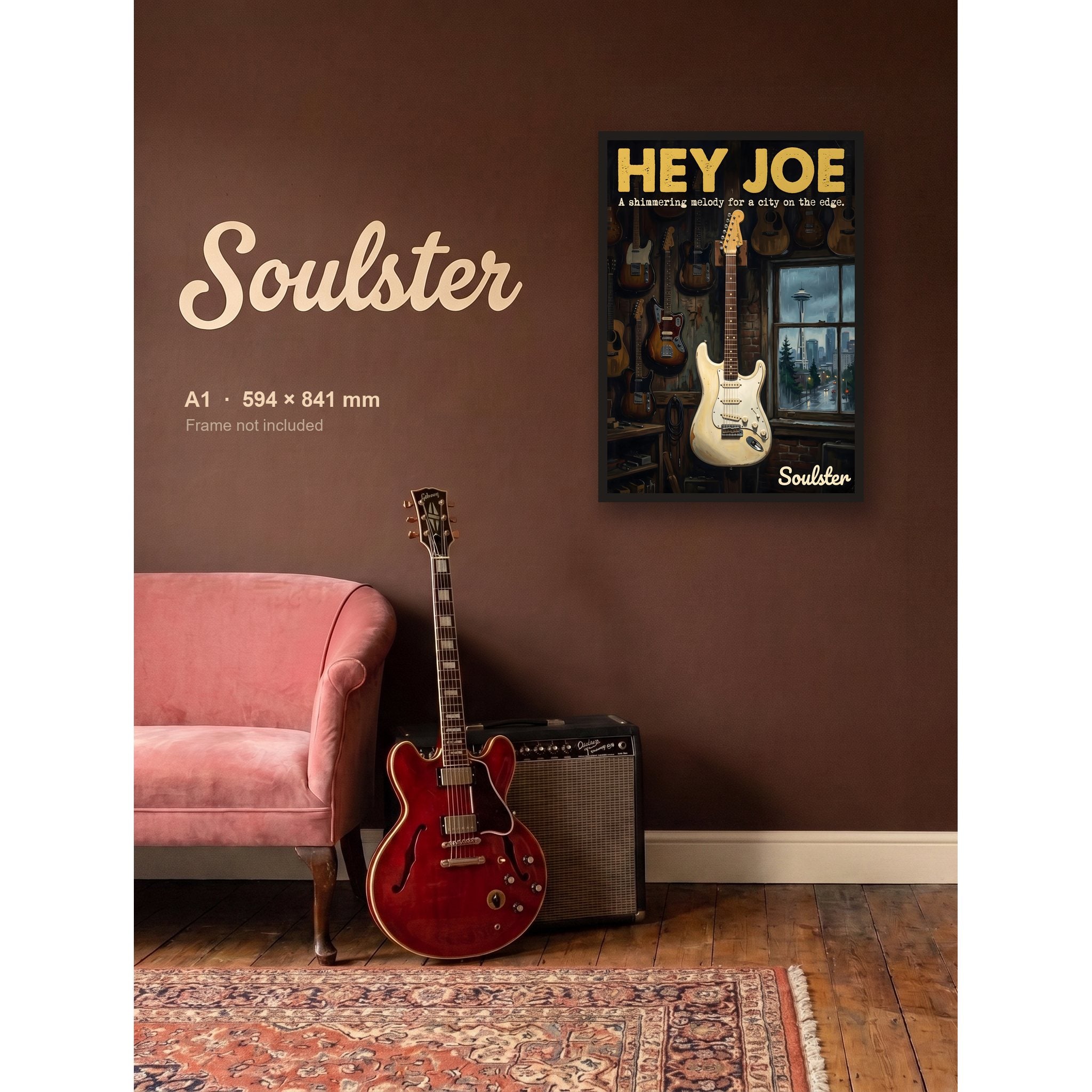 Hey Joe - Seattle shown framed on a wall in A1 size. Frame not included.
