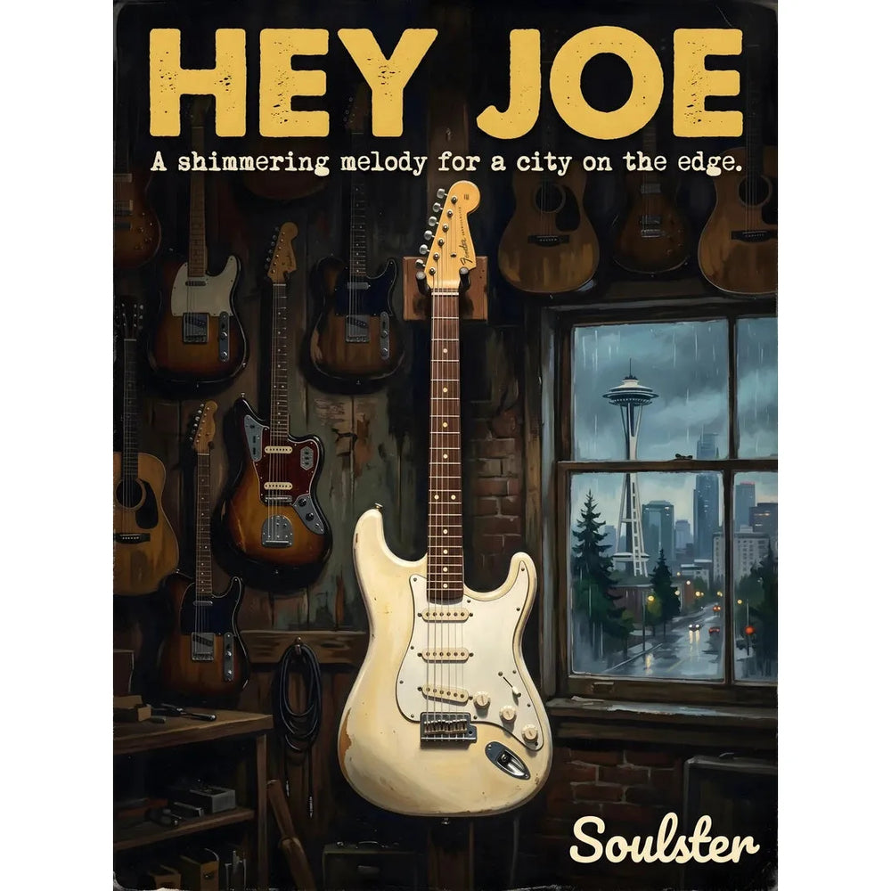Soulster Manchester Edition wall art print showing a cinematic pulp style design of a Vintage Guitar inspired by Hey Joe - Seattle.