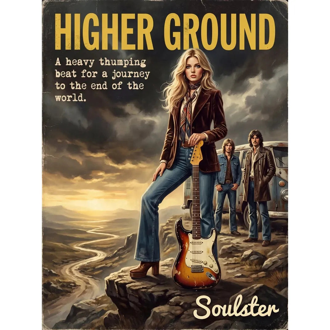 Soulster cinematic vintage pulp book cover art print illustration styled in a classic 1970s design layout inspired by Higher Ground.