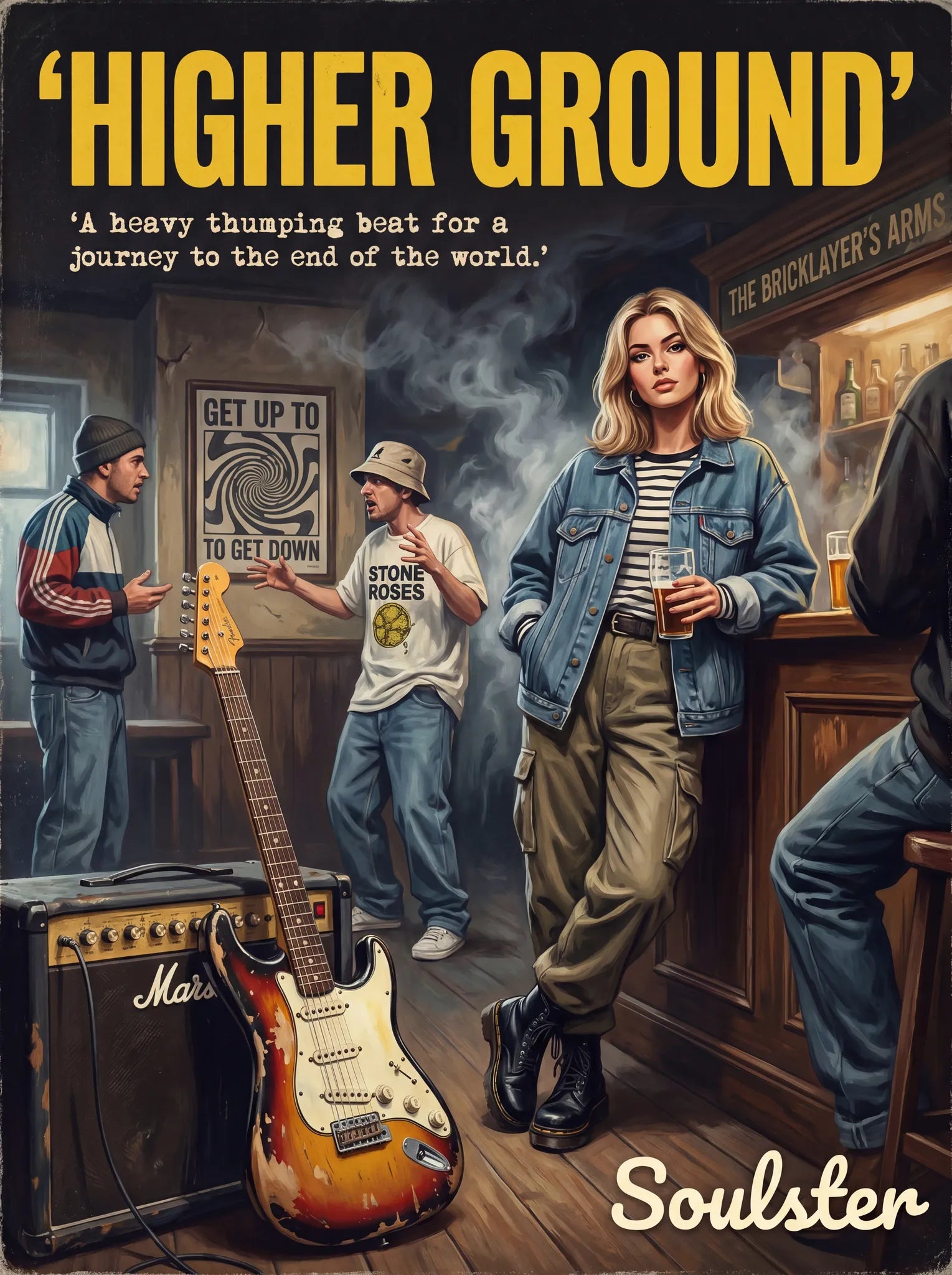 Soulster cinematic vintage pulp book cover art print illustration styled in a classic 1990s design layout inspired by Higher Ground.