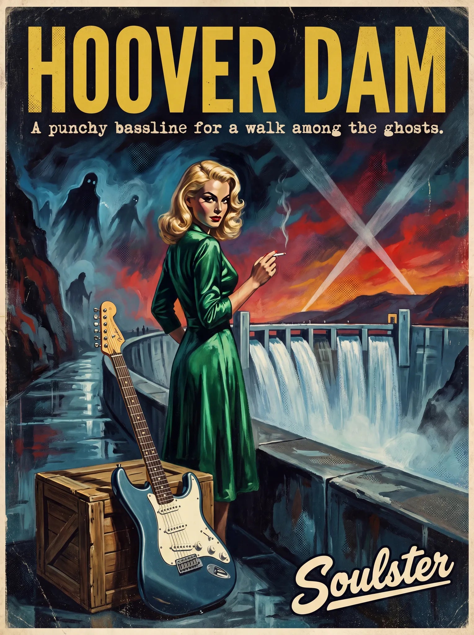Soulster cinematic vintage pulp book cover art print illustration styled in a classic 1950s design layout inspired by Hoover Dam.