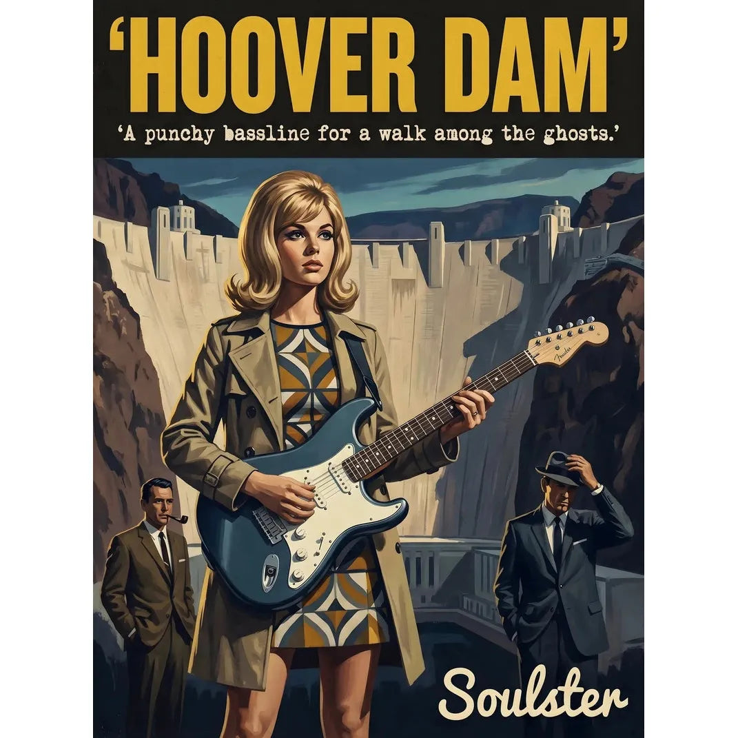 Soulster cinematic vintage pulp book cover art print illustration styled in a classic 1960s design layout inspired by Hoover Dam.