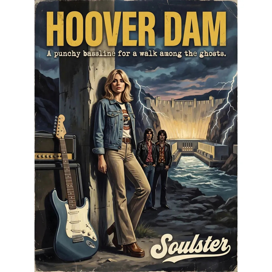 Soulster cinematic vintage pulp book cover art print illustration styled in a classic 1970s design layout inspired by Hoover Dam.