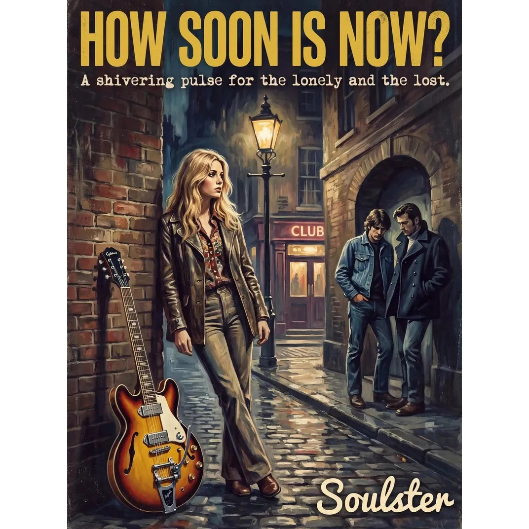 Soulster cinematic vintage pulp book cover art print illustration styled in a classic 1970s design layout inspired by How Soon Is Now?.