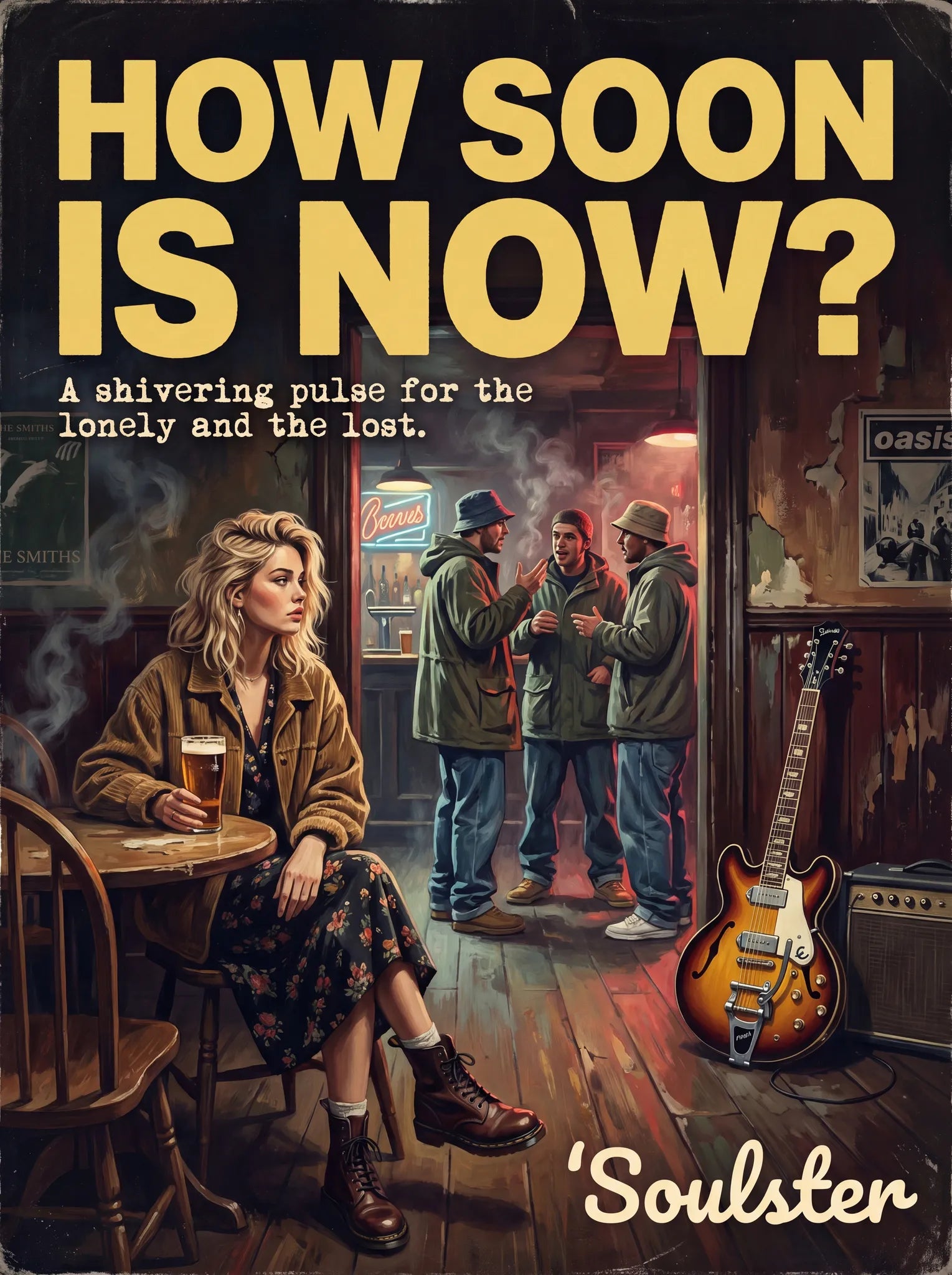 Soulster cinematic vintage pulp book cover art print illustration styled in a classic 1990s design layout inspired by How Soon Is Now?.