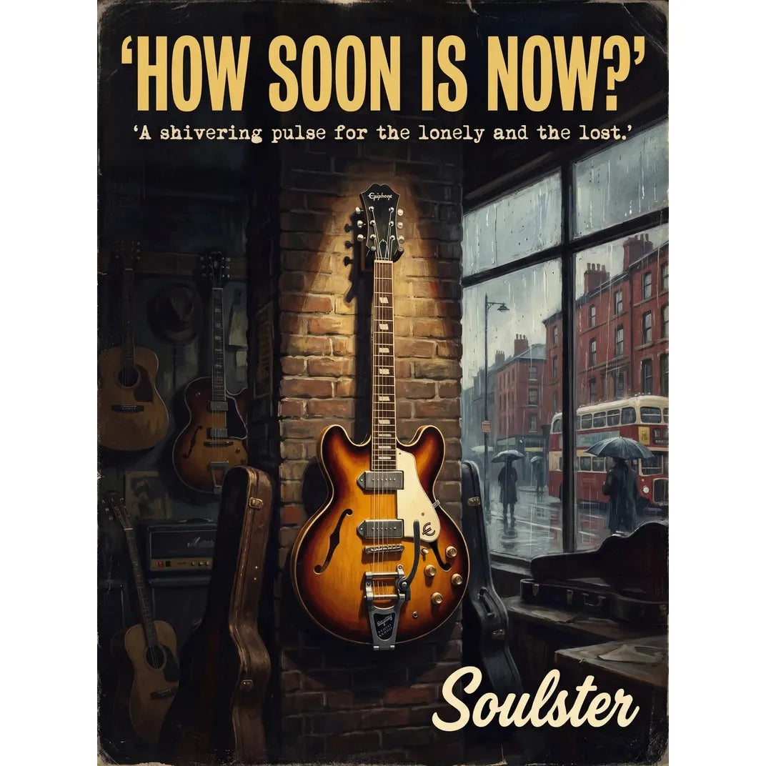 Soulster Manchester Edition wall art print showing a cinematic pulp style design of a Epiphone Casino inspired by How Soon Is Now?.