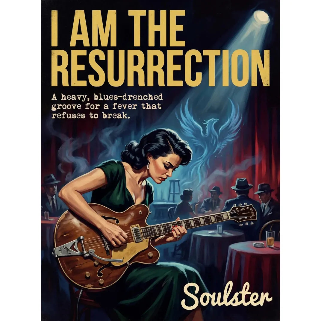 Soulster cinematic vintage pulp book cover art print illustration styled in a classic 1950s design layout inspired by I Am The Resurrection.