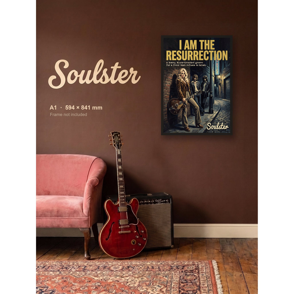 I Am The Resurrection - 1970s Print shown framed on a wall in A1 size. Frame not included.