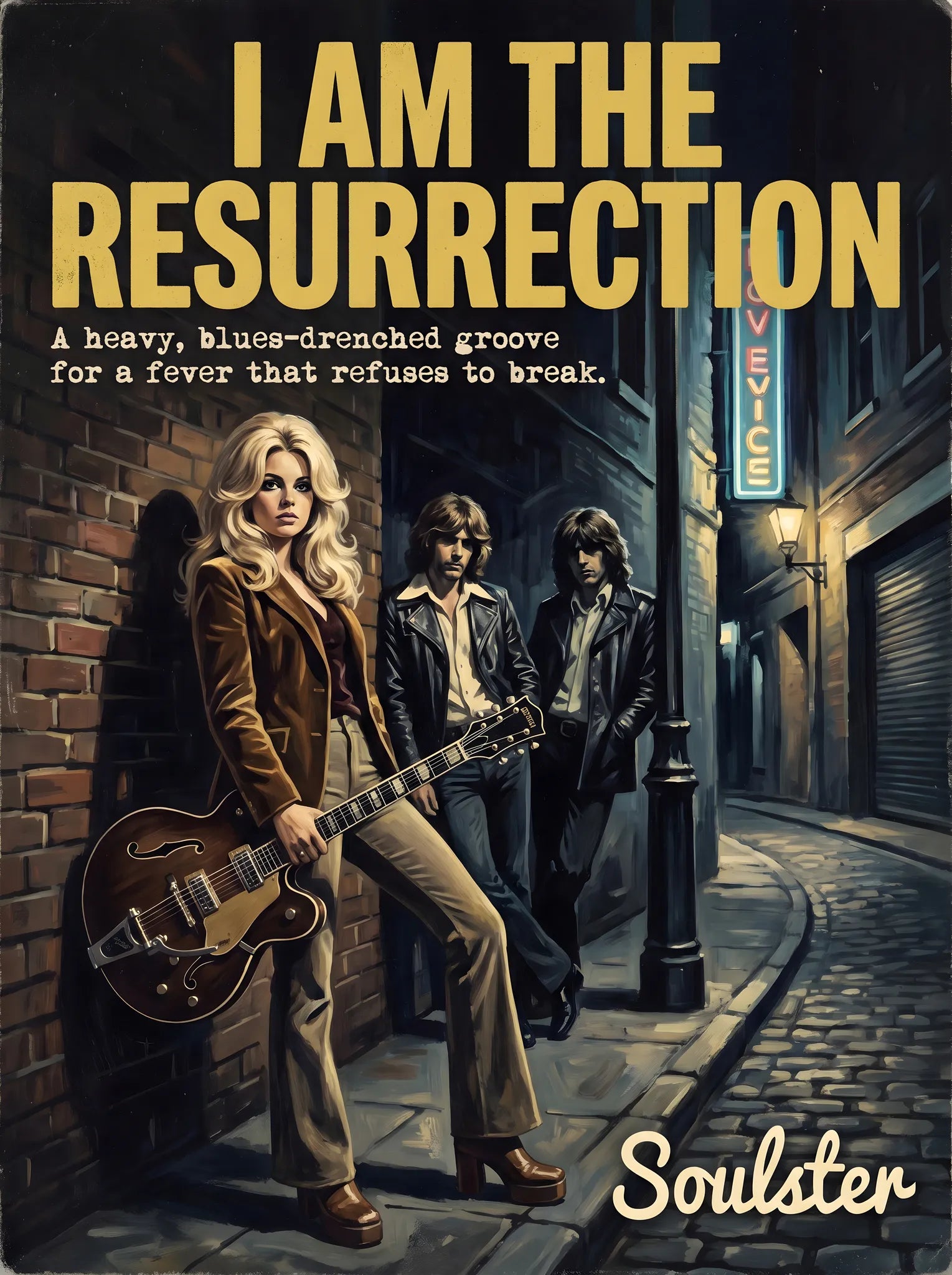 Soulster cinematic vintage pulp book cover art print illustration styled in a classic 1970s design layout inspired by I Am The Resurrection.
