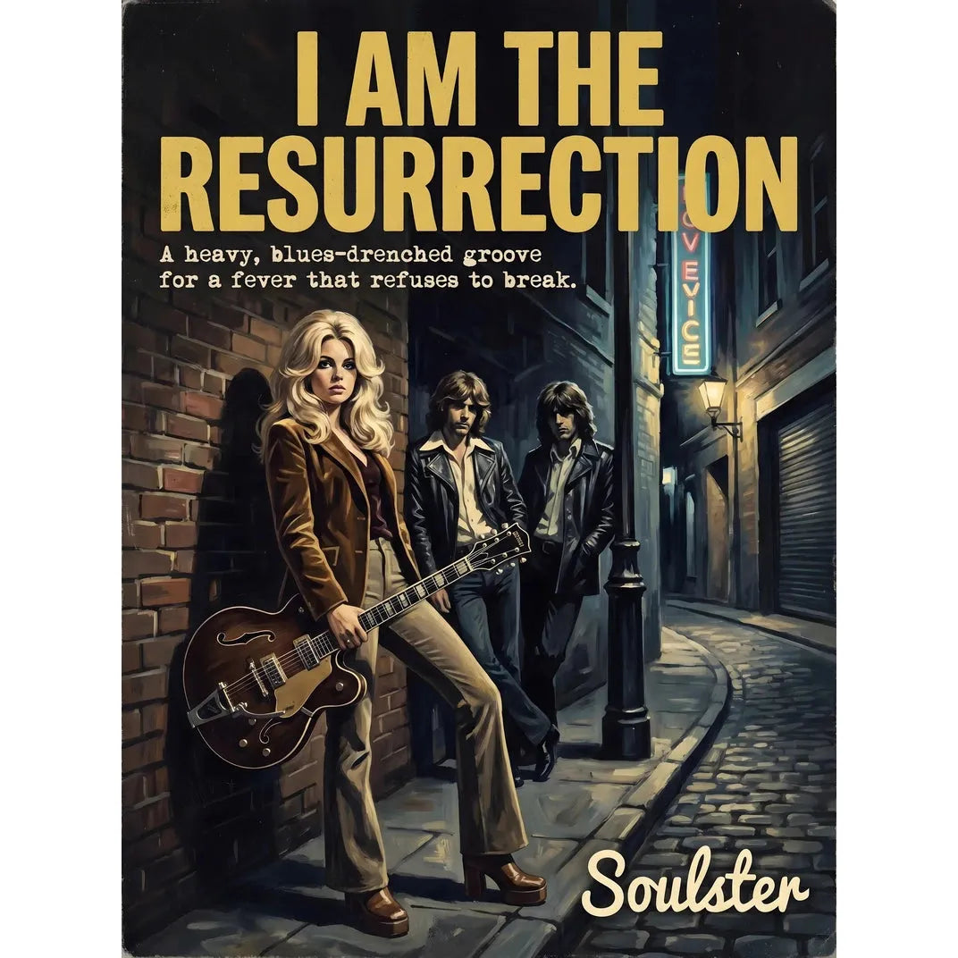 Soulster cinematic vintage pulp book cover art print illustration styled in a classic 1970s design layout inspired by I Am The Resurrection.