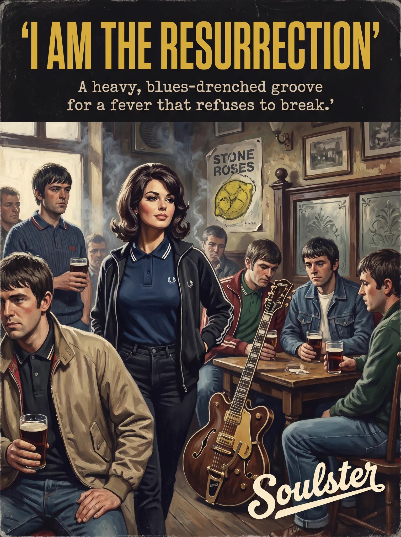 Soulster retro pulp thriller book cover style art print illustration inspired by The Stone Roses - I Am The Resurrection.