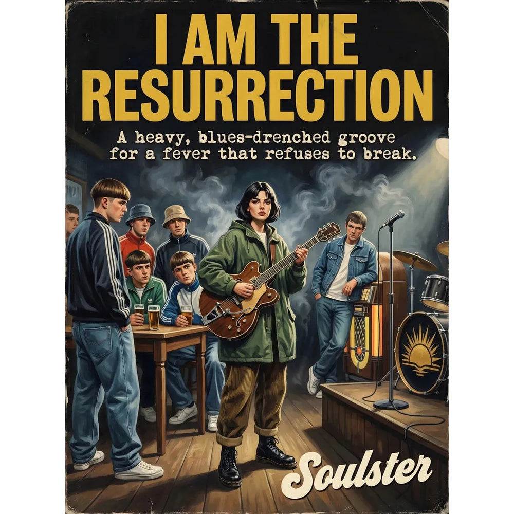 Soulster cinematic vintage pulp book cover art print illustration styled in a classic 1990s design layout inspired by I Am The Resurrection.
