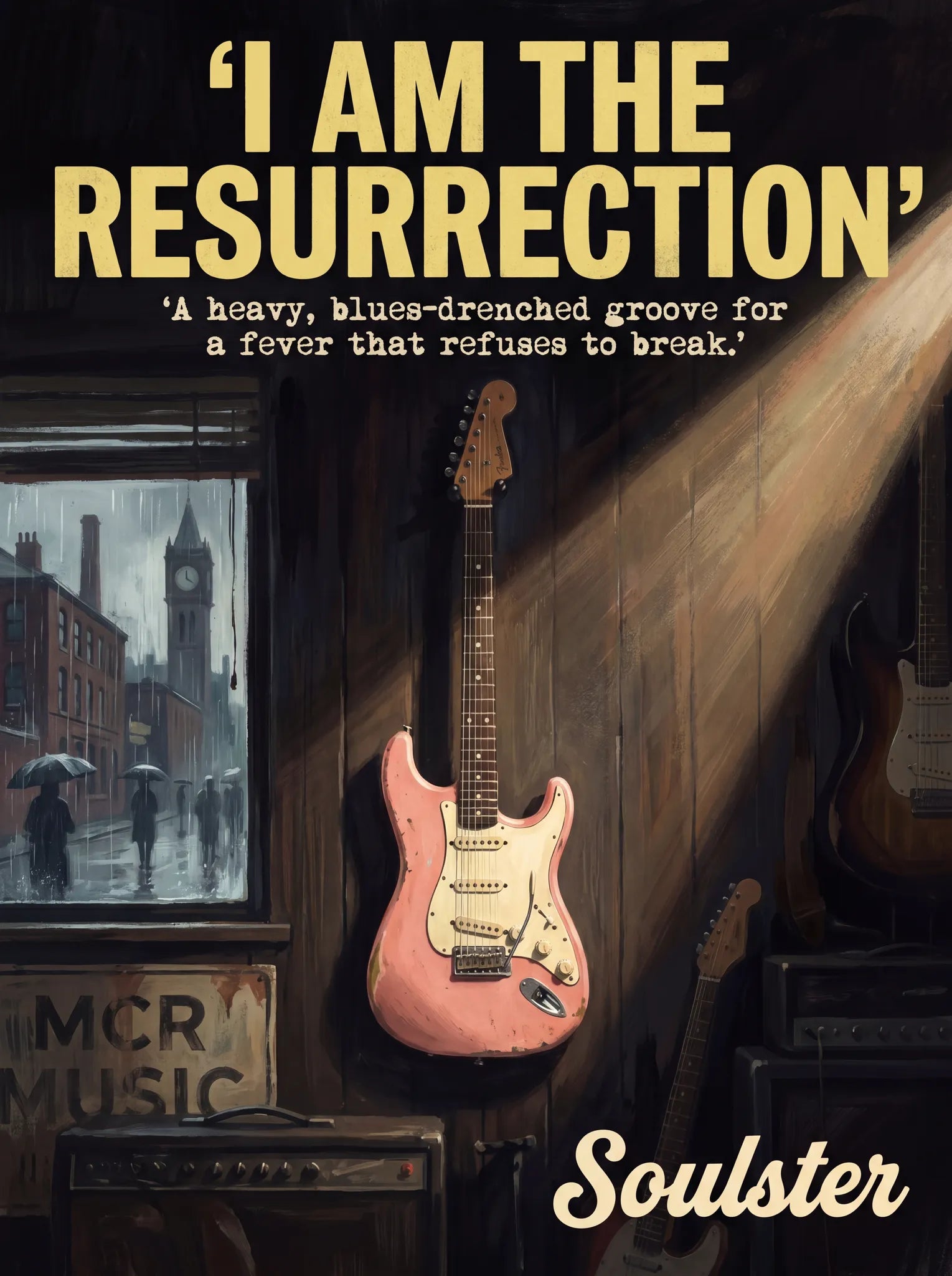 Soulster Manchester Edition wall art print showing a cinematic pulp style design of a Vintage Guitar inspired by I Am The Resurrection.