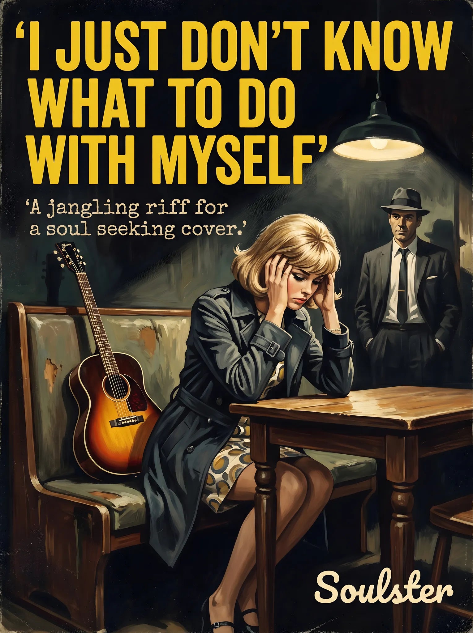 Soulster cinematic vintage pulp book cover art print illustration styled in a classic 1960s theme inspired by I Just Don't Know What To Do With Myself.
