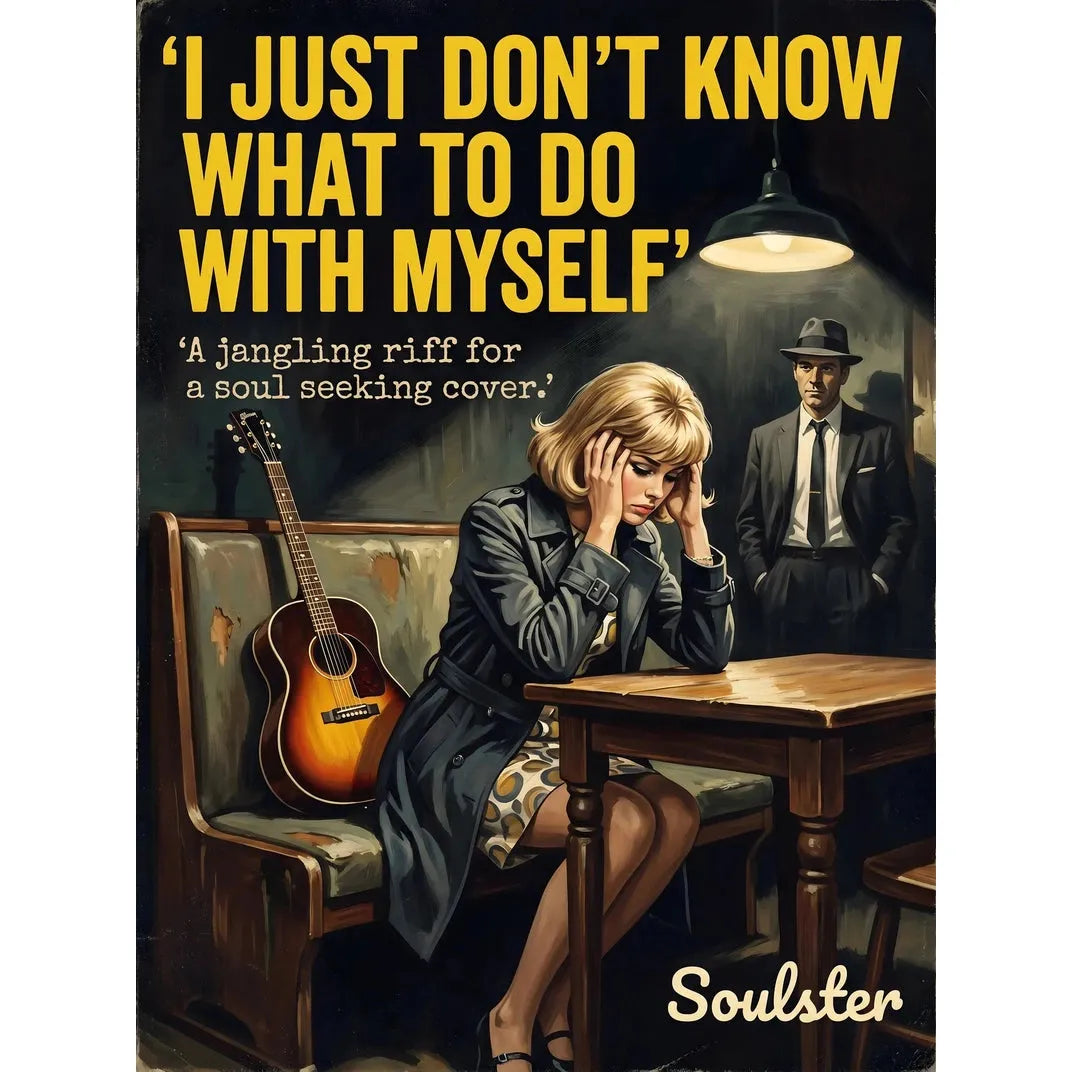 Soulster cinematic vintage pulp book cover art print illustration styled in a classic 1960s theme inspired by I Just Don't Know What To Do With Myself.