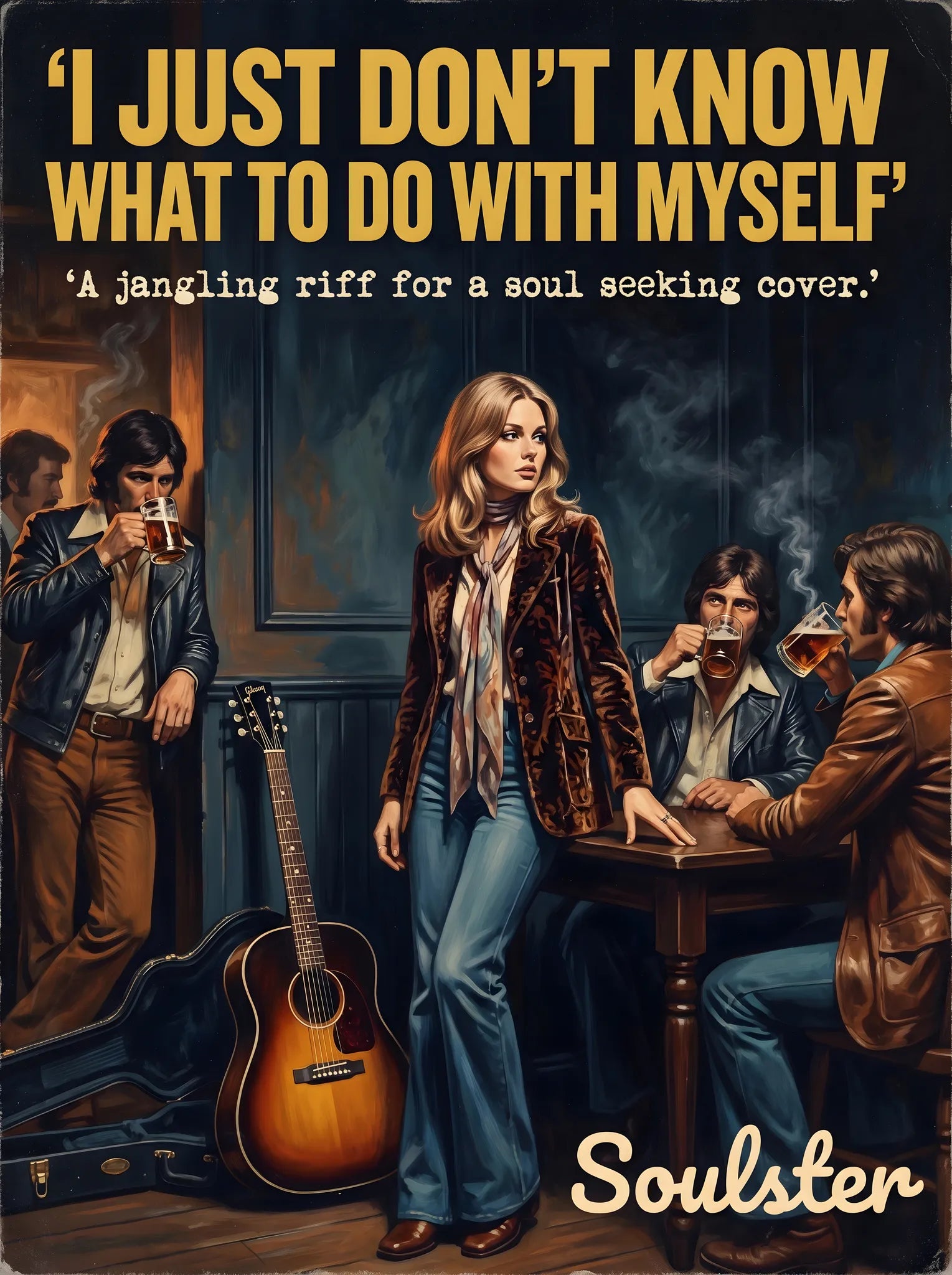Soulster cinematic vintage pulp book cover art print illustration styled in a classic 1970s theme inspired by I Just Don't Know What To Do With Myself.
