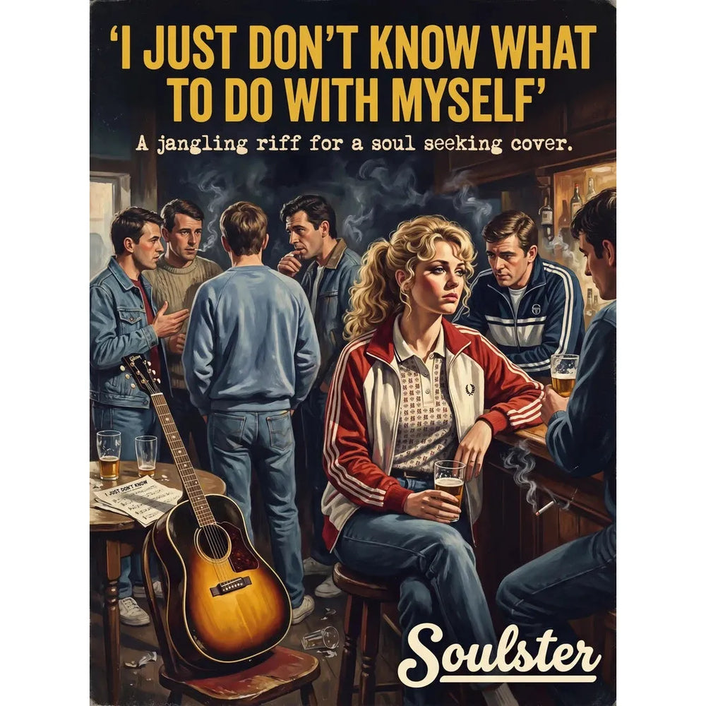 Soulster retro pulp thriller book cover style art print illustration inspired by Alternative Indie - I Just Don't Know What To Do With Myself.