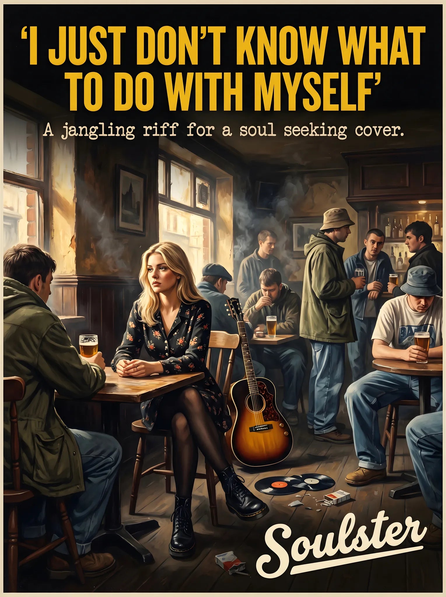 Soulster cinematic vintage pulp book cover art print illustration styled in a classic 1990s theme inspired by I Just Don't Know What To Do With Myself.