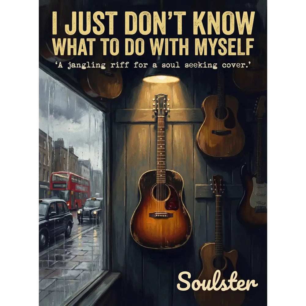 Soulster Manchester Edition wall art print showing a cinematic pulp style design of a Vintage Guitar inspired by I Just Don't Know What To Do With Myself - London.