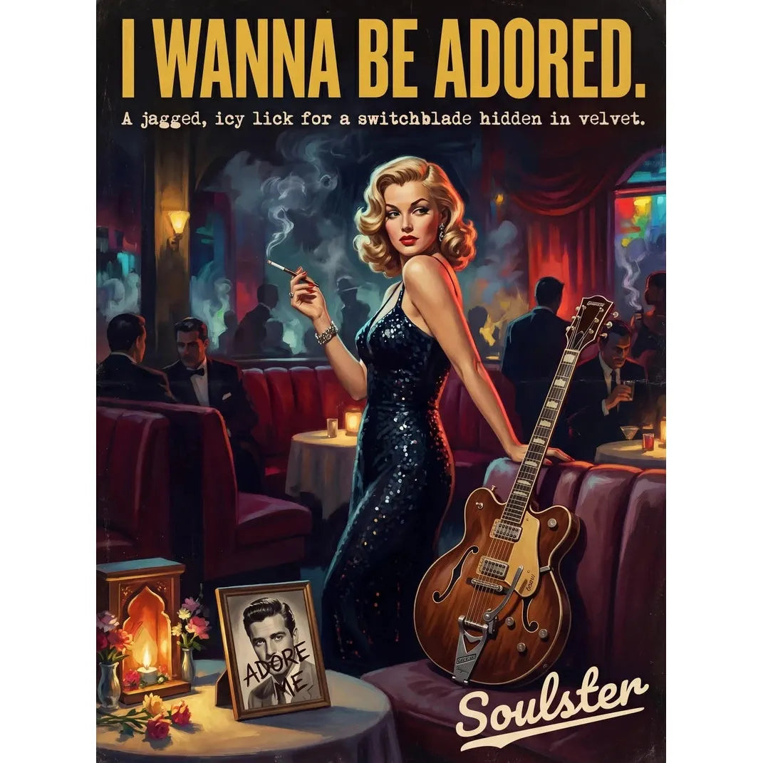 Soulster cinematic vintage pulp book cover art print illustration styled in a classic 1950s design layout inspired by I Wanna Be Adored.