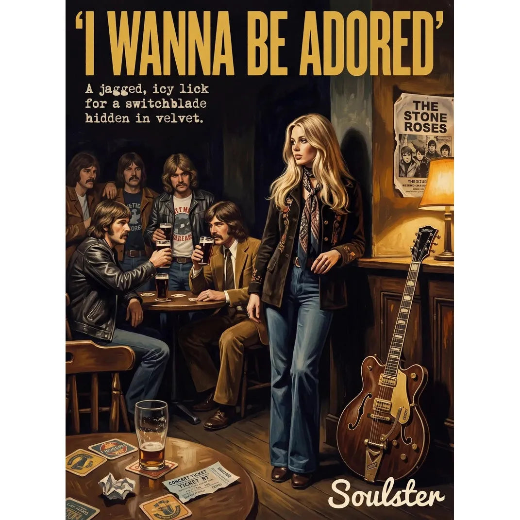 Soulster cinematic vintage pulp book cover art print illustration styled in a classic 1970s design layout inspired by I Wanna Be Adored.