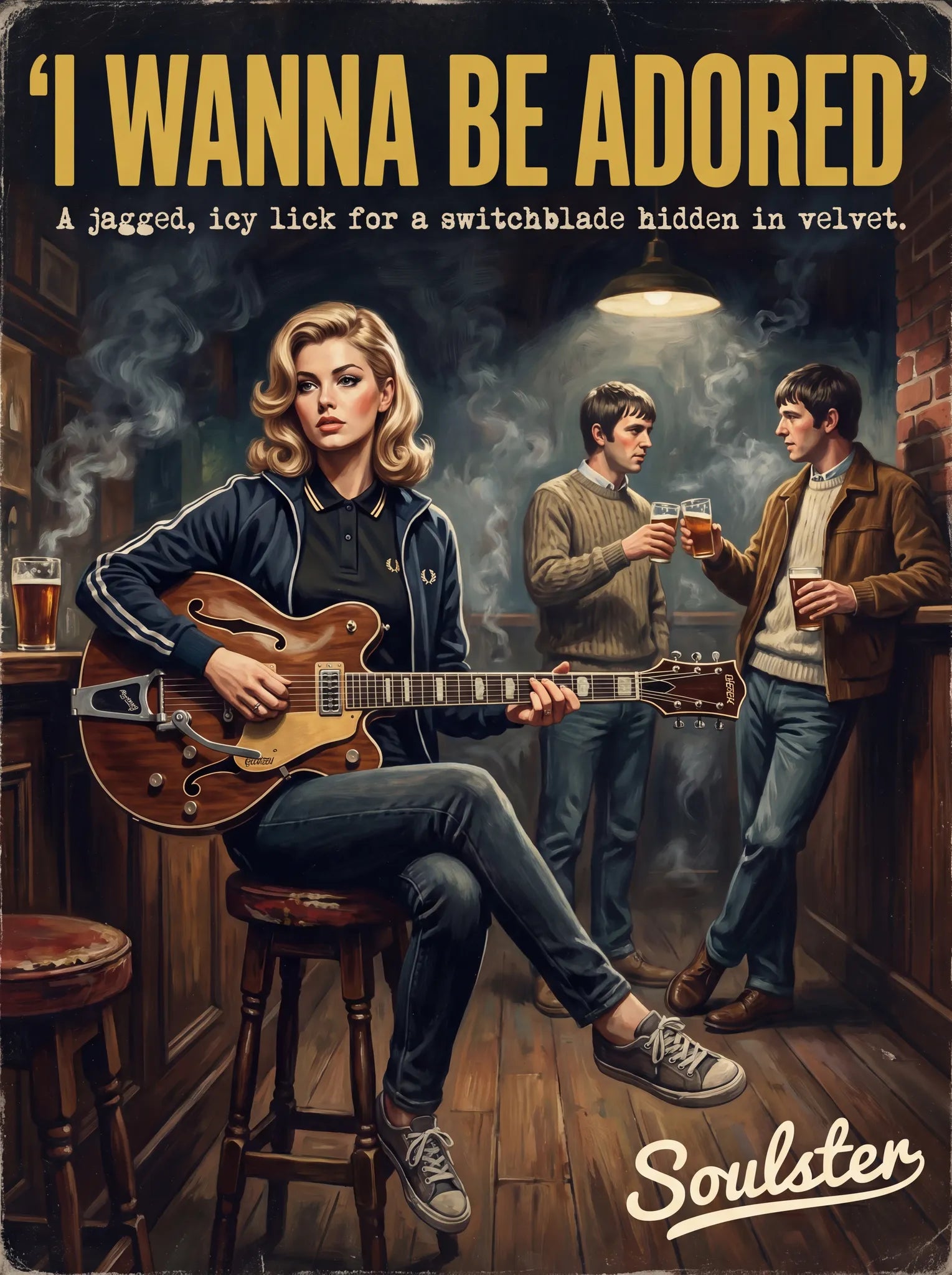 Soulster retro pulp thriller book cover style art print illustration inspired by The Stone Roses - I Wanna Be Adored.