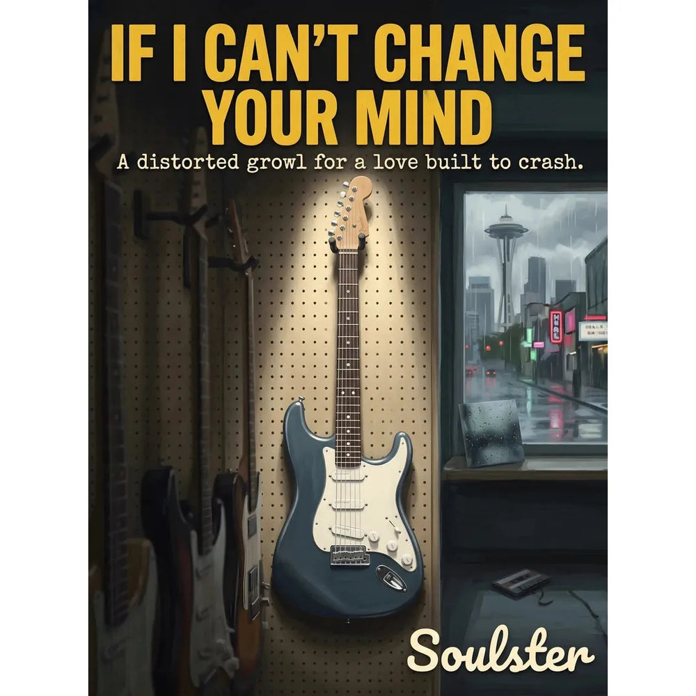 Soulster Manchester Edition wall art print showing a cinematic pulp style design of a Vintage Guitar inspired by If I Can't Change Your Mind - Seattle.