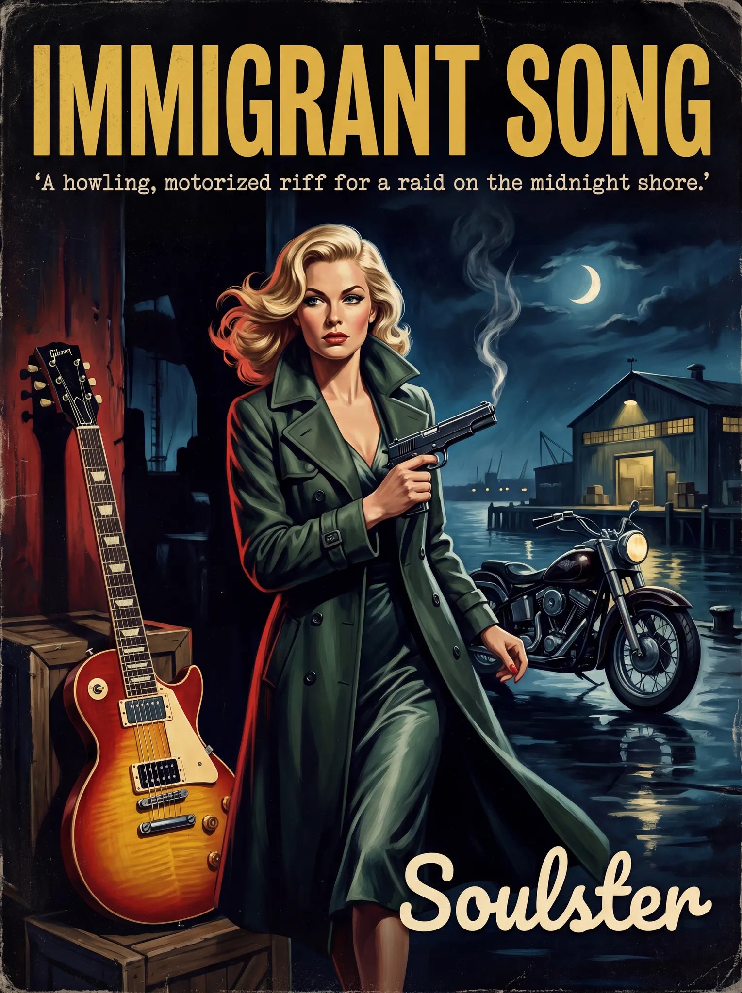 Soulster cinematic vintage pulp book cover art print illustration styled in a classic 1950s design layout inspired by Immigrant Song.