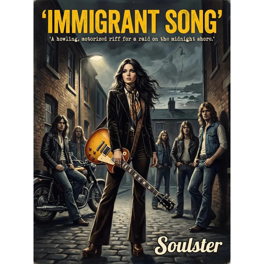 Soulster cinematic vintage pulp book cover art print illustration styled in a classic 1970s design layout inspired by Immigrant Song.