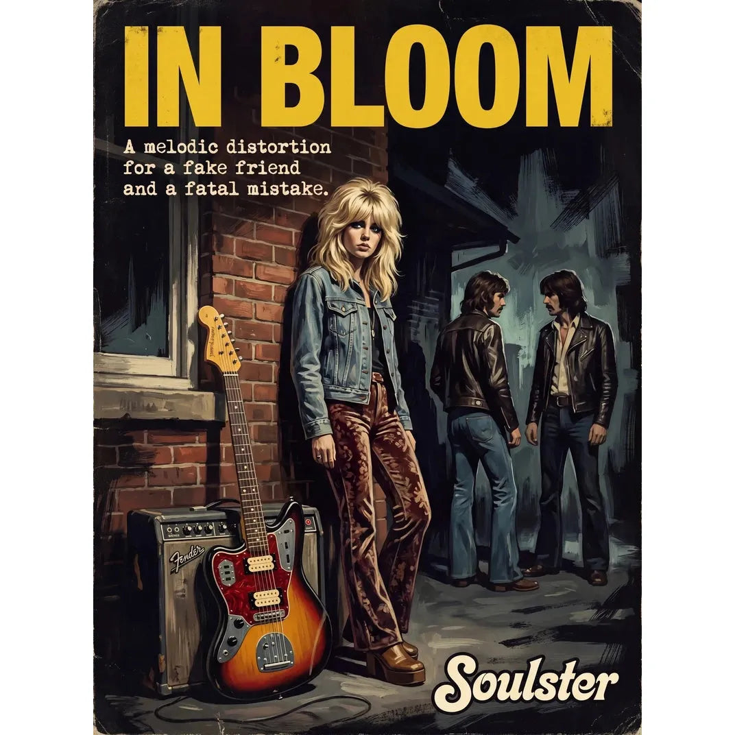 Soulster cinematic vintage pulp book cover art print illustration styled in a classic 1970s design layout inspired by In Bloom.