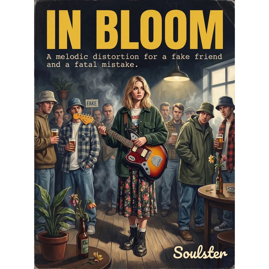 Soulster cinematic vintage pulp book cover art print illustration styled in a classic 1990s design layout inspired by In Bloom.