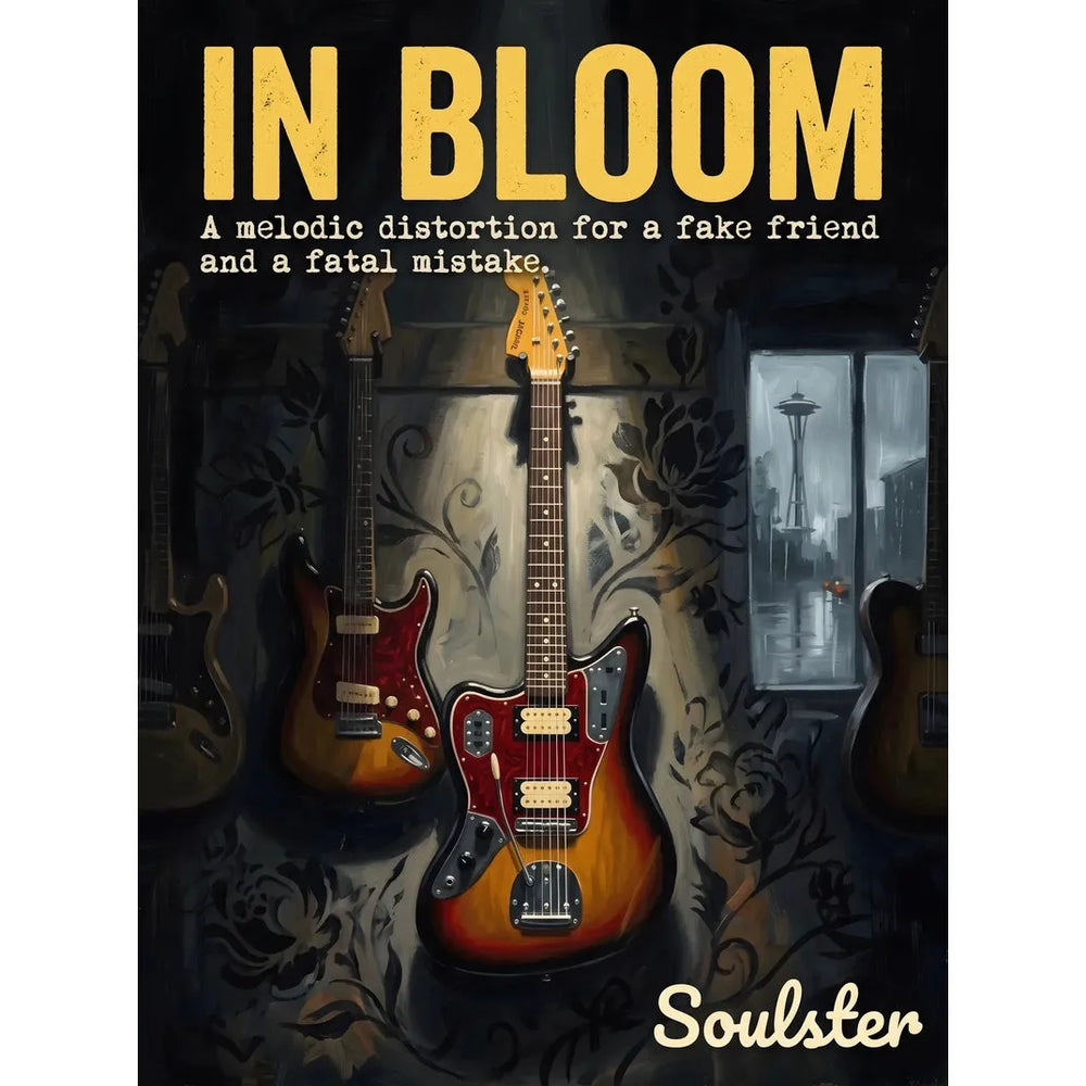 Soulster Manchester Edition wall art print showing a cinematic pulp style design of a Vintage Guitar inspired by In Bloom - Seattle.