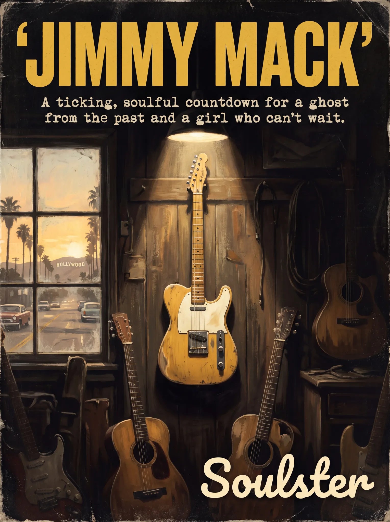 Soulster Manchester Edition wall art print showing a cinematic pulp style design of a Vintage Guitar inspired by Jimmy Mack - Los Angeles.