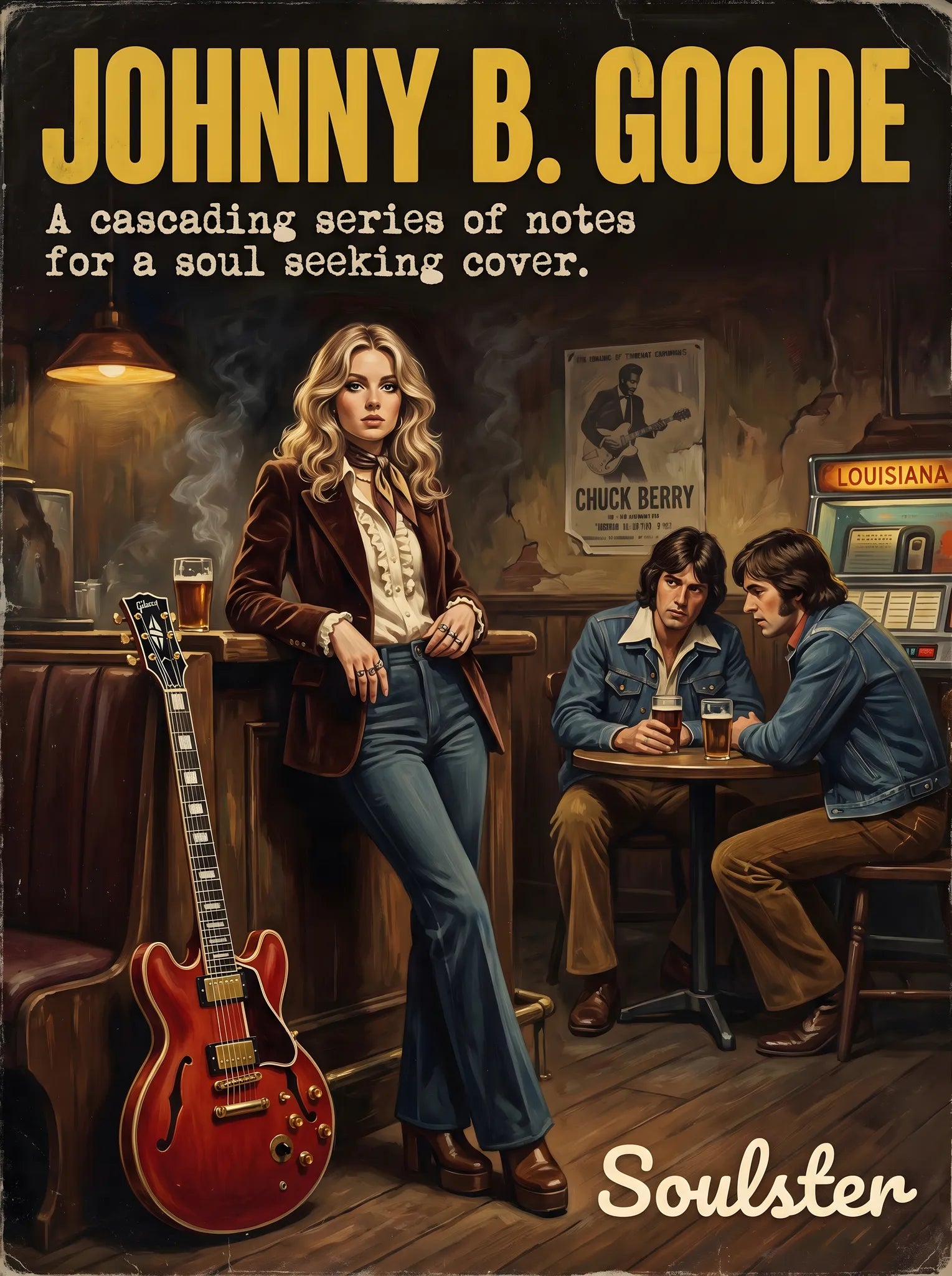 Soulster cinematic vintage pulp book cover art print illustration styled in a classic 1970s theme inspired by Johnny B. Goode.
