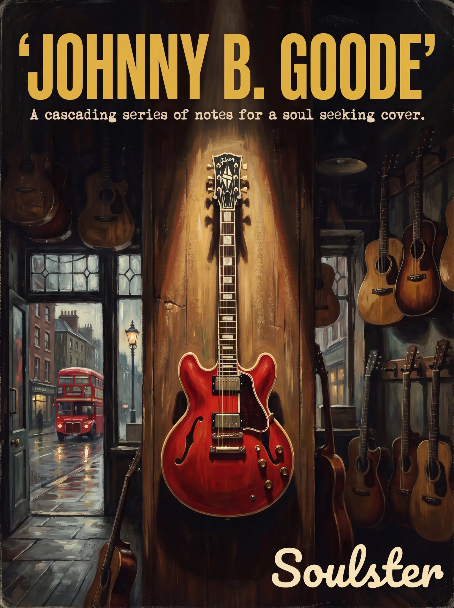 Soulster Manchester Edition wall art print showing a cinematic pulp style design of a Gibson ES-355 Custom inspired by Johnny B. Goode - London.